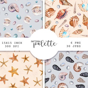 Könnte beinhalten: Vier nahtlose Muster mit Aquarell-Illustrationen von Muscheln, Perlen und Seesternen. Die Muster sind auf einem hellblauen, hellpfirsichfarbenen und hellbeigen Hintergrund. Der Text "PATTERN palette" befindet sich in der Mitte des Bildes. Der Text "15x15 INCH 300 DPI" befindet sich oben links. Der Text "6 PNG 30 JPEG" befindet sich oben rechts.