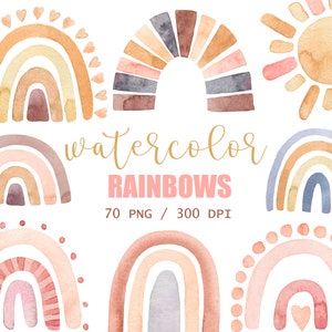 Clipart de arcoíris de acuarela, arte de pared para guardería, clipart de baby shower, clipart de arcoíris boho, arcoíris pastel para bebé, arte de pared de arcoíris, nubes, PNG
