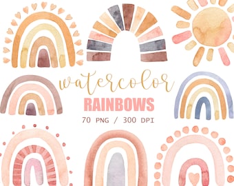 Watercolor Rainbow Clipart, Nursery Wall Art, Baby shower Clipart, Boho Rainbow Clipart, Baby Pastel Rainbows, Rainbow Wall Art, Clouds, PNG