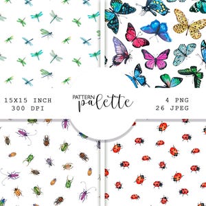 Op de afbeelding: Vier digitale patronen met aquarel illustraties van insecten. De patronen tonen libellen, vlinders, kevers en lieveheersbeestjes, allemaal tegen een witte achtergrond. De afbeelding bevat ook de tekst "15x15 inch 300 DPI" en "4 PNG 26 JPEG".
