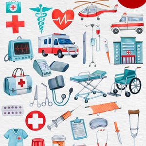 Puede incluir: Conjunto de ilustraciones de acuarela dibujadas a mano con elementos m&eacute;dicos y de servicios de emergencia. Incluye ambulancias, un helic&oacute;ptero, equipos m&eacute;dicos, un hospital y un botiqu&iacute;n de primeros auxilios. Tambi&eacute;n contiene el texto "HAND DRAWN WATERCOLOR AMBULANCE CLIPART".
