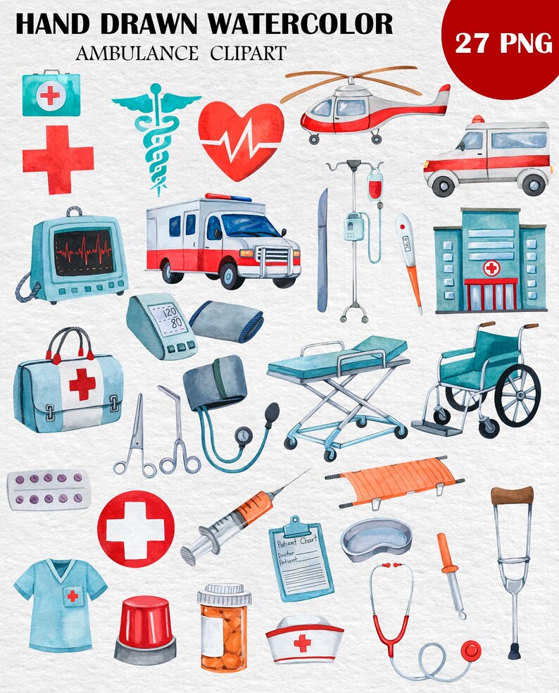 Puede incluir: Conjunto de ilustraciones de acuarela dibujadas a mano con elementos m&eacute;dicos y de servicios de emergencia. Incluye ambulancias, un helic&oacute;ptero, equipos m&eacute;dicos, un hospital y un botiqu&iacute;n de primeros auxilios. Tambi&eacute;n contiene el texto "HAND DRAWN WATERCOLOR AMBULANCE CLIPART".