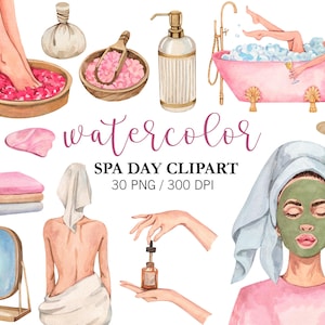 Aquarelle spa journée des cliparts PNG, des cliparts beauté filles Rutine relaxation, illustrations de soins personnels, des cliparts cosmétiques naturels, soins de la peau bio