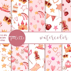 Aquarell Prinzessin Muster, Prinzessin digitales Papier, Krone Muster, digitale Papiere, Märchen, Kinderzimmer Wandkunst, Baby Mädchen Textil