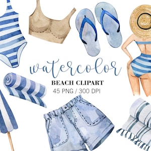 K&ouml;nnte beinhalten: Aquarell-Illustrationen von Strandartikeln, darunter ein Badeanzug, ein Bikini-Oberteil, ein Strohhut, Flip-Flops, ein Handtuch, ein Sonnenschirm und eine Jeans-Shorts. Die Illustrationen sind in Blaut&ouml;nen, Wei&szlig; und Braun gehalten.