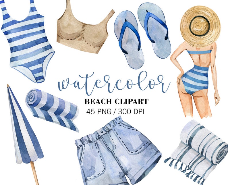 K&ouml;nnte beinhalten: Aquarell-Illustrationen von Strandartikeln, darunter ein Badeanzug, ein Bikini-Oberteil, ein Strohhut, Flip-Flops, ein Handtuch, ein Sonnenschirm und eine Jeans-Shorts. Die Illustrationen sind in Blaut&ouml;nen, Wei&szlig; und Braun gehalten.