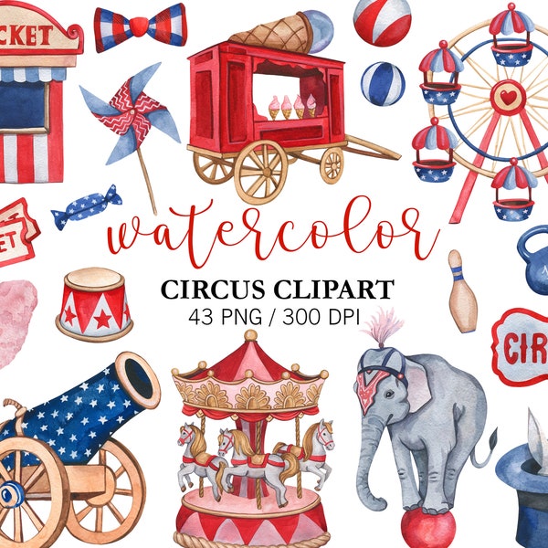 Aquarelle cirque Clipart PNG chapiteau de cirque, décoration de chambre d'enfant, fête de cirque, clipart animaux, clipart carnaval, autocollant de cirque aquarelle carrousel