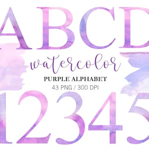 Alfabeto morado en acuarela, clipart, alfabeto PNG, letras separadas en acuarela, números, PNG de amor, clipart de lavanda, clipart de Provenza, bricolaje