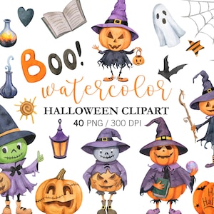Watercolor Halloween Pumpkins Characters Clipart,  PNG, Halloween Party Decor, Halloween Pumpkins Trick Or Treat, Spooky Clipart