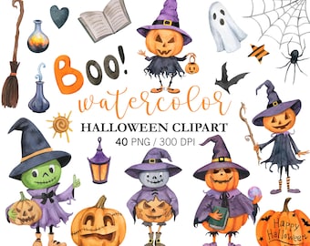 Imágenes prediseñadas de personajes de calabazas de Halloween en acuarela, PNG, decoración para fiestas de Halloween, calabazas de Halloween para pedir dulces, imágenes prediseñadas espeluznantes