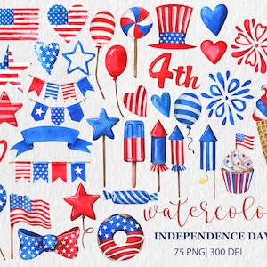 May include: Watercolour illustrations of various patriotic symbols for the 4th of July, including stars, fireworks, flags, hearts, and a doughnut. The text "4th" and "watercolor" are also included in the image. The text "Independence Day 75 PNG | 300 DPI" is at the bottom of the image.