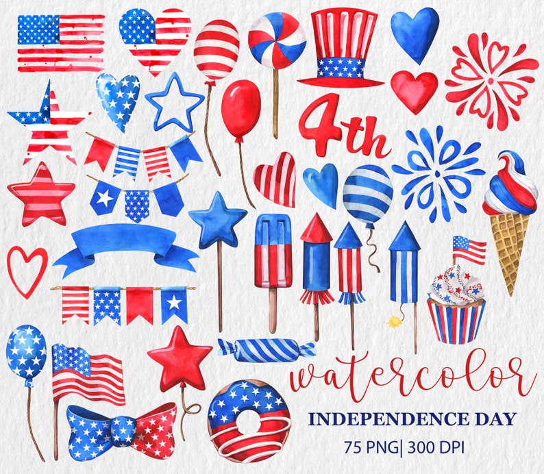 May include: Watercolour illustrations of various patriotic symbols for the 4th of July, including stars, fireworks, flags, hearts, and a doughnut. The text "4th" and "watercolor" are also included in the image. The text "Independence Day 75 PNG | 300 DPI" is at the bottom of the image.