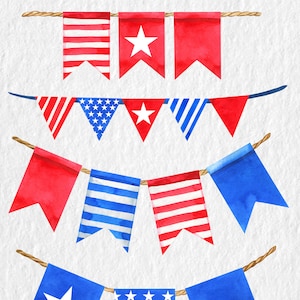May include: A set of watercolour painted bunting flags in red, white and blue with stars and stripes patterns. The flags are strung together with twine.