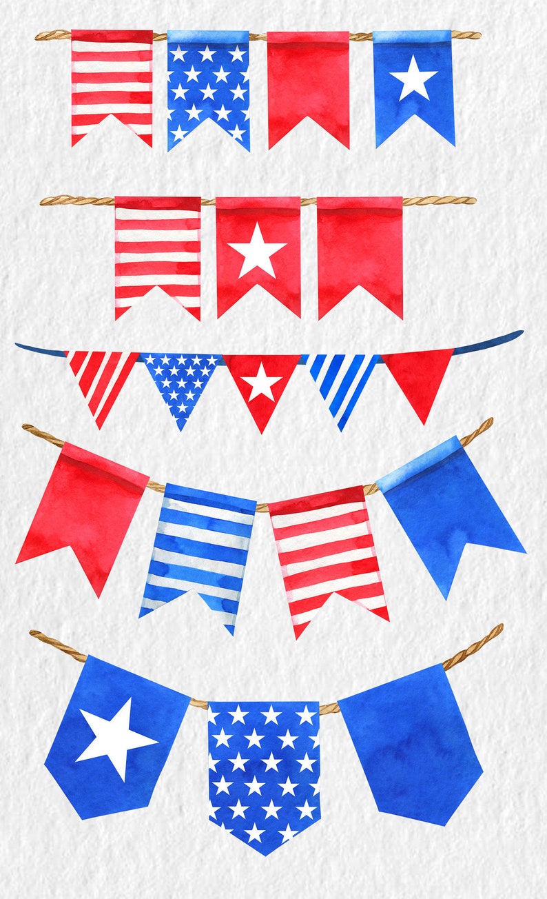 May include: A set of watercolour painted bunting flags in red, white and blue with stars and stripes patterns. The flags are strung together with twine.