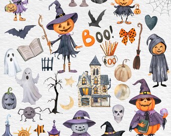 水彩画のハロウィンかぼちゃキャラクターのクリップアート、PNG