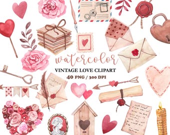 Watercolor Valentines Day Clipart PNG, Vintage Love Letter Clipart, Wedding Invitation Designs, Cute love clipart,