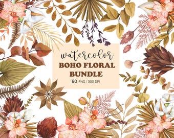 Paquete floral bohemio en acuarela PNG, hojas de palma secas, eucalipto marrón, flores tropicales bohemias, ramos florales, imágenes prediseñadas para invitaciones de boda