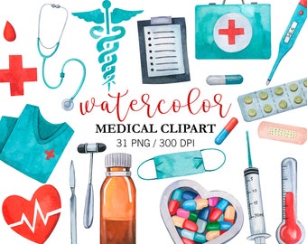 May include: Watercolor illustrations of medical supplies, including a stethoscope, thermometer, bandages, pills, a first aid kit, a syringe, a bottle of medicine, a doctor's coat, a heart, and a medical symbol. The text "watercolor MEDICAL CLIPART 31 PNG / 300 DPI" is also included.