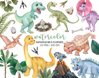 Watercolor Dinosaur Clipart PNG, Cute Baby Dino Set, T Rex Triceratops Nursery Decor, Dinosaur Birthday Party Graphics, Dino Baby shower