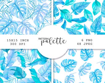 Patrones tropicales azules de acuarela, patrón sin costuras, patrones de acuarela, PNG, hojas de palmera monstera, boda tropical de verano, hojas azules