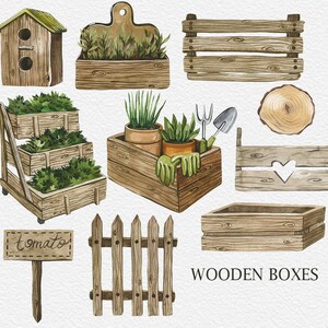 May include: A set of wooden boxes in various sizes and styles, including a birdhouse, a tiered planter, and a box with a heart cutout. The boxes are painted in a rustic brown color and have a distressed look. The image also includes a wooden fence, a sign that says "tomato", and a few gardening tools.  The text "WOODEN BOXES" is written at the bottom of the image.