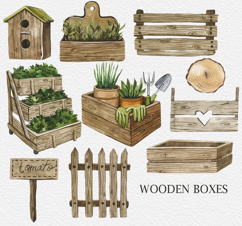 May include: A set of wooden boxes in various sizes and styles, including a birdhouse, a tiered planter, and a box with a heart cutout. The boxes are painted in a rustic brown color and have a distressed look. The image also includes a wooden fence, a sign that says "tomato", and a few gardening tools.  The text "WOODEN BOXES" is written at the bottom of the image.