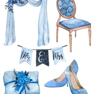 May include: Watercolor illustration of wedding decorations in blue and white. The set includes a wedding arch, a chair, a gift box, a pair of shoes, and a banner that says "Mr & Mrs".