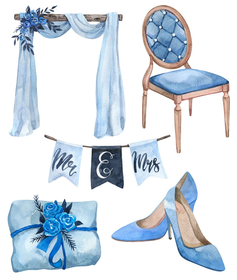 May include: Watercolor illustration of wedding decorations in blue and white. The set includes a wedding arch, a chair, a gift box, a pair of shoes, and a banner that says "Mr & Mrs".