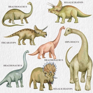 May include: A watercolor illustration of six different dinosaurs. The dinosaurs are Brachiosaurus, Triceratops, Regaliceratops, and Diplodocus. The dinosaurs are all in different poses and are all facing the viewer. The background is a light gray.