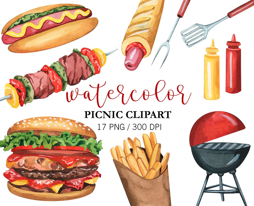 Watercolor Grill Clipart, Picnic Clipart, Summer Clipart, Family