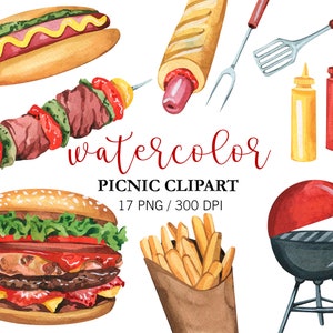 Clipart de grelha de aquarela, clipart de piquenique, clipart de verão, clipart de família, clipart de dia dos pais, PNG, churrasco, adesivos de planejador, hambúrguer