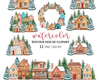 Watercolor Winter Houses, Christmas houses House PNG, Winter cottage, Watercolor Pine Trees clipart, Nature clipart, Christmas Clipart