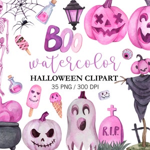 Watercolor Pink Halloween Clipart: Pumpkins, Ghost, Sweets PNG Digital Download