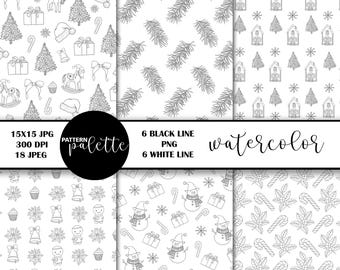 Papeles digitales navideños en blanco y negro, patrones navideños de líneas negras sin costuras, papeles imprimibles con patrones de invierno, papel digital de garabatos