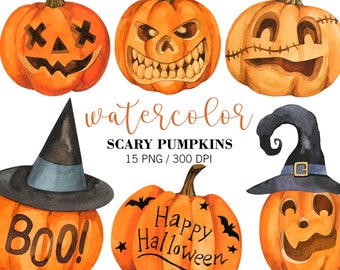 Watercolor Halloween Pumpkin clipart, Pumpkin PNG, Fall Clipart, Halloween Decor, Scary Pumpkin,Witch Hat, Halloween Party, Planner supplies