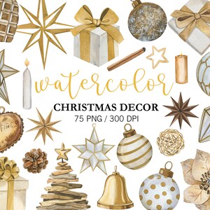 Clipart natalizia in oro acquerello, decorazioni natalizie, PNG, decorazioni dorate, albero di Natale, decorazioni invernali, giocattoli di Natale, ornamenti natalizi