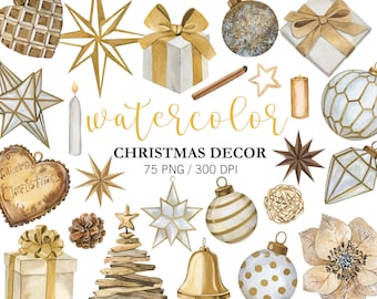 Watercolor Christmas Clipart: Gold Ornaments, Trees (PNG Digital Download)