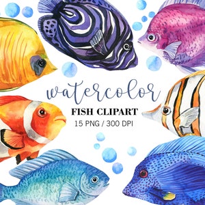 Clipart de peixes de recife de coral em aquarela, clipart de oceano, clipart de vida marinha, clipart de peixes em aquarela, clipart de peixes coloridos, clipart de animais marinhos PNG