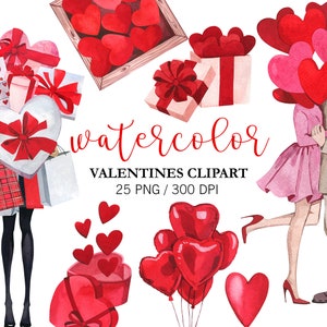 Aquarell Valentinstag Clipart, Liebe PNG, Valentine PNG, Herz Clipart, Valentinstag Karte, Mädchen mit Geschenken, Paar mit Luftballons, Card