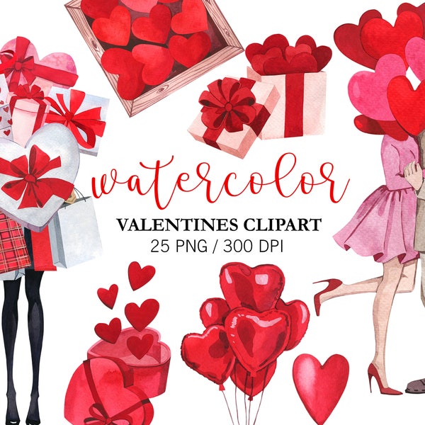 Watercolor Valentines day Clipart, Love PNG, Valentine PNG, Heart Clipart, Valentines day card, Girl with gifts, Couple with balloons, Card