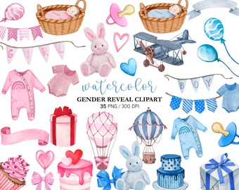 Paquete de imágenes prediseñadas de revelación de género en acuarela, imágenes prediseñadas para baby shower en rosa y azul, PNG para fiesta de niño/niña, imágenes prediseñadas para guardería de bebés, imágenes prediseñadas para invitaciones de bebé