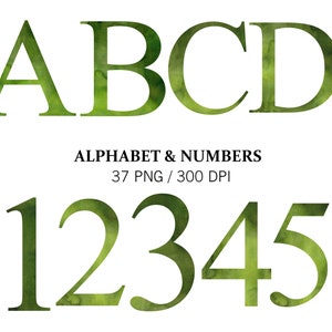 Clipart de alfabeto verde aquarela, alfabeto PNG, letras verdes separadas, números, decoração de natal, clipart de ano novo, decoração de casamento, PNG