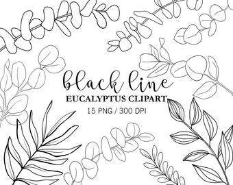 Black Line Eucalyptus clipart, Eucalyptus leaves, Doodle Clipart, Eucalyptus branches, Wedding clipart, Line drawing, Summer clipart, PNG