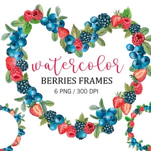 Könnte beinhalten: Aquarell-Beerenrahmen mit Blaubeeren und Erdbeeren in Herzform. Der Text "Watercolor Berries Frames 6 PNG / 300 DPI" steht in der Mitte des Bildes.