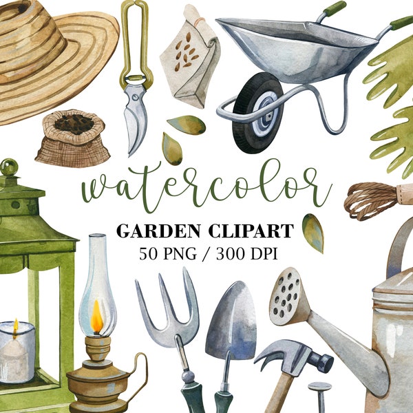 Watercolor Garden Clipart, Garden Tools, Gardening Download, Hand-painted garden, Gardening Watercolor Clipart, PNG, Watercolor garden art