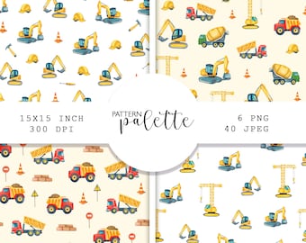 Watercolor Construction Truck Seamless Patterns Construction Digital paper PNG Machine Building Vehicle Truck Excavator background Crane