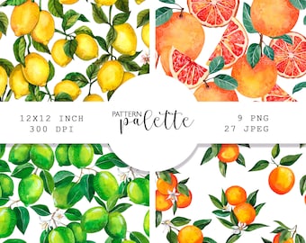 Watercolor Citrus Seamless Pattern – Lemon & Orange Digital Paper Watercolor  Lime, Grapefruit Scraapbooking