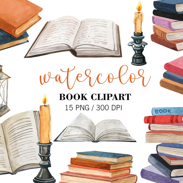 Watercolor Book Clipart, book sticker, PNG, Back to School Clipart, School supplies,  Fall clipart, Homeschool planner, Teacher stickers