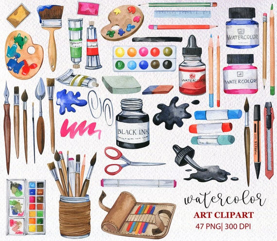 WATERCOLOR CLIPART art supply artist brushes tools paint