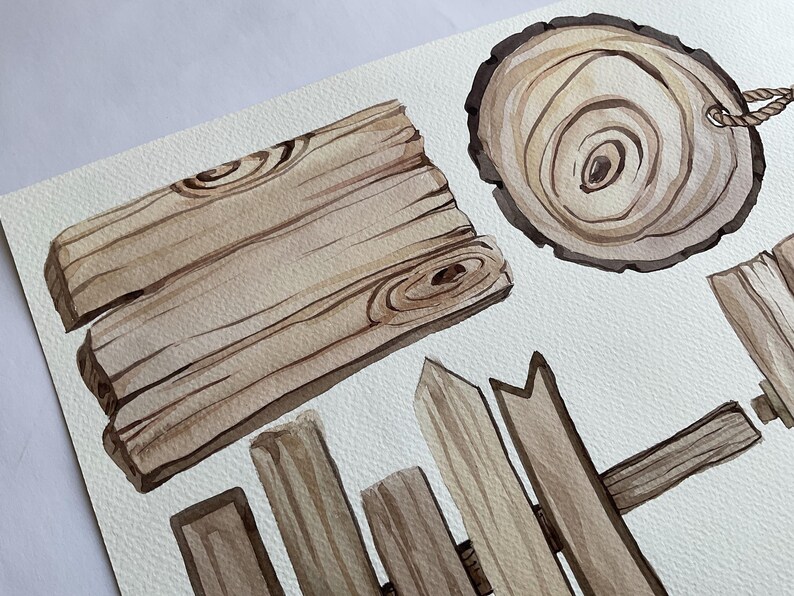 K&ouml;nnte beinhalten: Ein Satz Aquarell-Illustrationen mit Holzelementen, darunter ein Schild, ein Zaun und ein Baumstumpf. Die Illustrationen sind in Braun- und Beiget&ouml;nen gemalt.